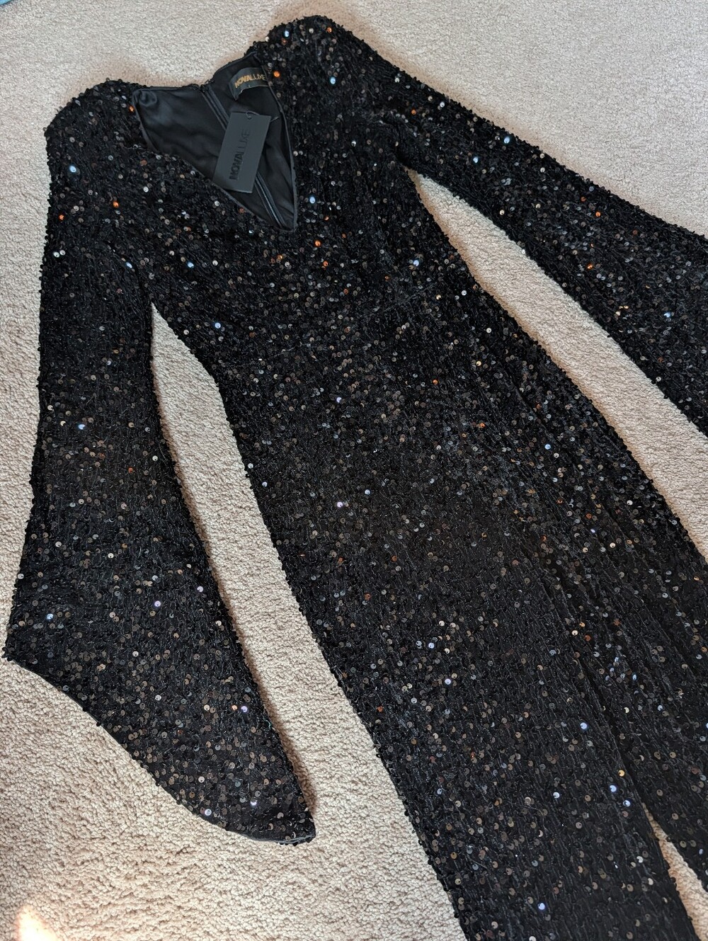 Black Sequin Long-Sleeve V-Neck Pantsuit with Bell Sleeves - Picture 2 of 4